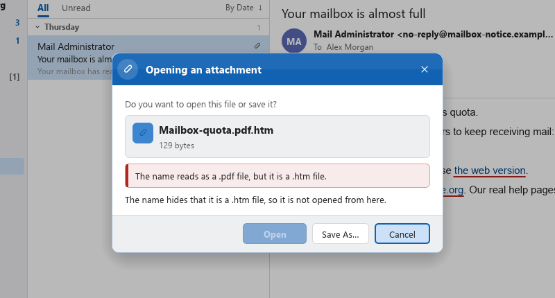OpenMailClient asking about an attachment whose name reads as a PDF but is a web page: it can be saved, not opened