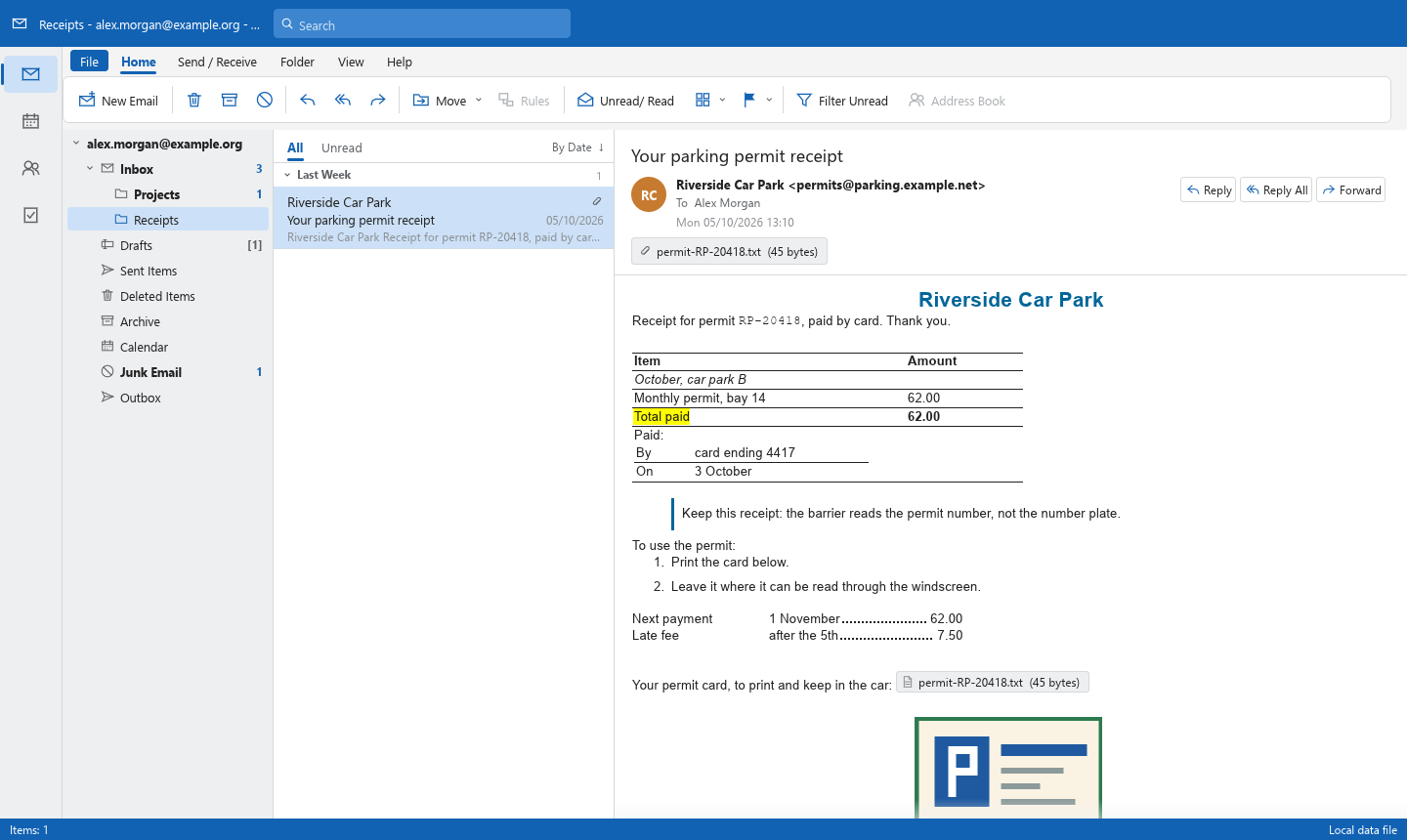 The OpenMailClient window with its sample mailbox: folder pane, message list and a formatted message in the reading pane